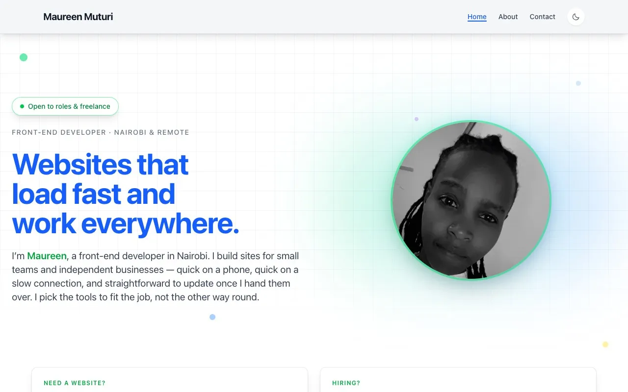 This portfolio’s home page: the headline “Websites that load fast and work everywhere.” beside a round photo of Maureen
